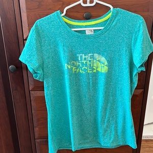 Women’s The North Face drifit Tshirt Size Large heathered teal, yellow/white